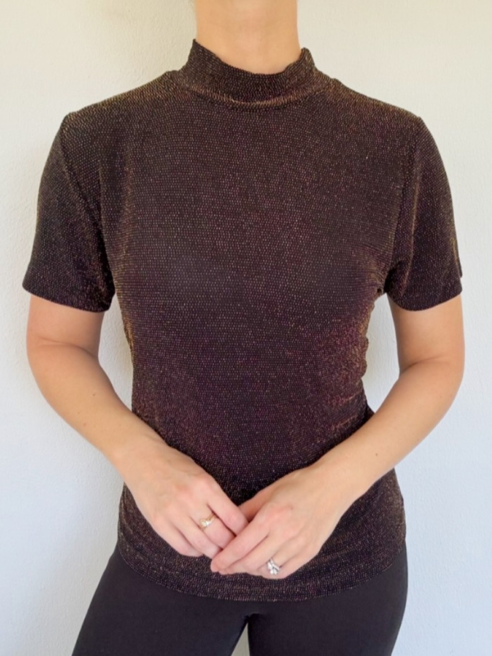 Vintage Joanna Petite black metallic gold microdot mock neck blouse size large